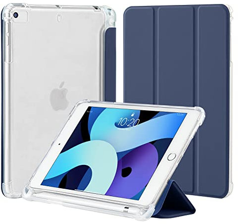 4UBonLife Custodia per iPad Mini 5 Mini 4 Generazione 7,9 pollici con Portapenne, Sottile Leggero Cover Case in Morbido TPU Retro Semi-Trasparente Cover Auto Svegliati/Sonno, Blu Scuro
