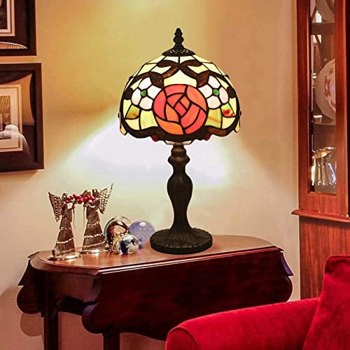 Rosenlampe, Tiffany Stil Tischlampe Nachttischlampe, Blumenkunst Buntglas Schreibtisch Akzent Nachtlampe für Mädchen Liebhaber Schlafzimmer Wohnzimmer, Geburtstagsgeschenk, 8 * 15In,F