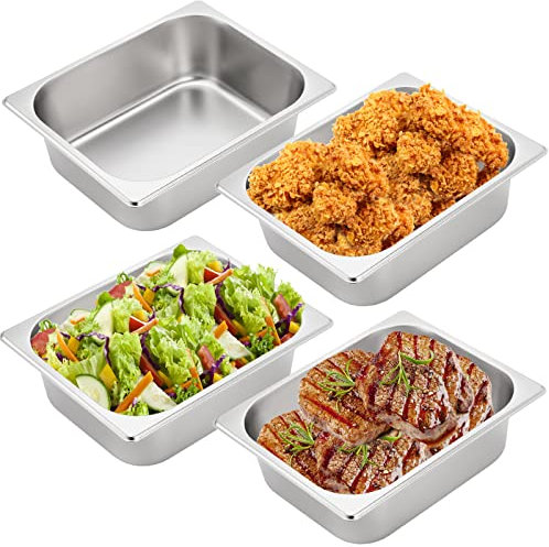 TOPZEA 4 Pack Half Size Hotel Pans, 1/2 Size 4 Deep Stainless Steel Steam Table Pan Catering Food Pan Chafing Dishes Dinner Buffet Server Breading Tray Batter Bowl for Food Prep, Breading, Restaurant