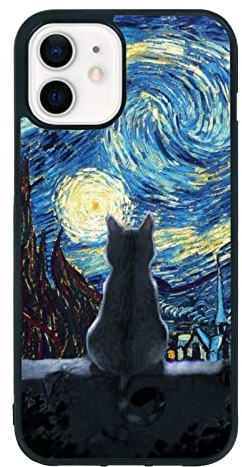 Schwarze süße Katze iPhone 12 Mini Hülle - 5,4 Zoll Van Gogh Süße Katze iPhone Hülle, rutschfestes Muster Design und Stoßdämpfung, weiche Silikagel-Rahmenunterstützung schwarze Handyhülle für Teenager