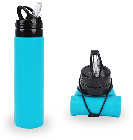 TSLBW Faltbare Silikon Wasserflasche, 600ml BPA-Frei, Kollabierbare Silikon Wasserflaschen, Faltbarer Sport Auslaufsicher Trinkflaschen für Outdoor Reisen Camping Wandern Fitness (Blue)