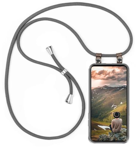 moex Handykette für Samsung Galaxy M52 5G Hülle mit Band abnehmbar, Handyhülle mit Kette zum Umhängen, Handyband 155 cm lang Stoff Kordel Umhängehülle, Handy Umhängeband, Grau