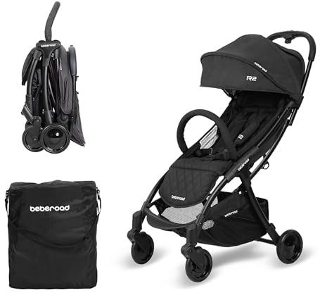 Beberoad Love R2 Kleiner Reise-Kinderwagen – kompakter, faltbarer, leichter Baby-Kinderwagen für Flugzeug, Kleinkind, verstellbare Rückenlehne, Getränkehalter & wasserdichtes Baldachin, Schwarz