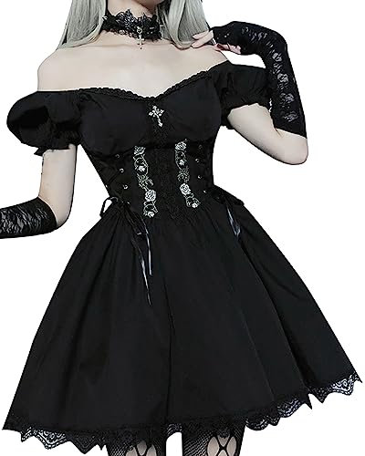 DINGJIUYAN Women Gothic Dress Vintage Lace Grunge Punk Goth Dresses Casual Cosplay Party Cocktail