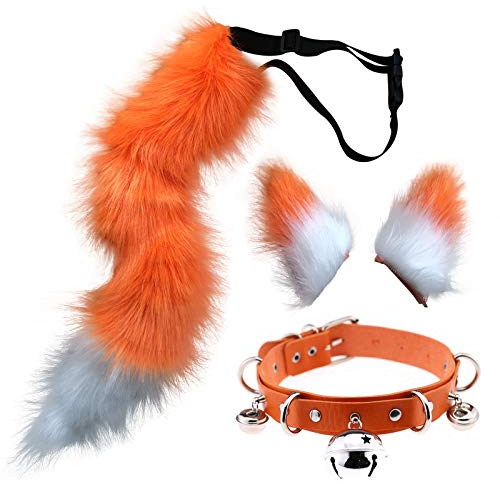 DRESHOW Fuchs Kunstpelz Schwanz Katzenohren Haarspange Halloween Party Kostüm Halsband Cosplay Set für Damen