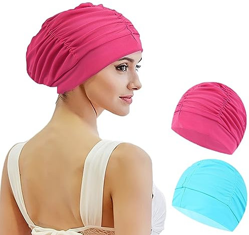 2 pcs Bonnet De Bain Femme Cheveux Long Adulte Bain Élastique Tissu Polyester Souple Bonnet de Natation (Rose lac Bleu)