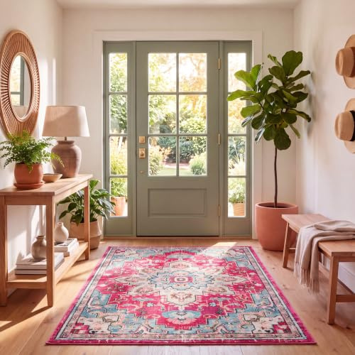 SAFAVIEH Distressed Rug for Living Room, Dining Room, Bedroom - Madison Collection, Short Pile, in Fuchsia and Blue, 183 X 274 cm