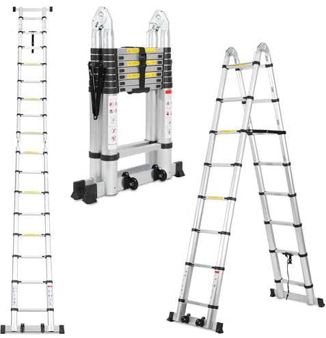Fiqops 5m(2.5m+2.5m) Teleskopleiter A Frame, Klappleiter Alu Multifunktionsleiter mit Stabilisator Bar und Rädern, Rutschfester Tragbar Ausziehleiter Max Belastung 150 KG