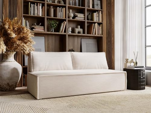 MKS MEBLE Sofa Cord, Cord Couch, Sofa mit Schlaffunktion und Bettkasten, Schlafsofa Cord, Couchgarnitur Ecke Bettcouch, Cord Stoff - TOPI - Beige Velours