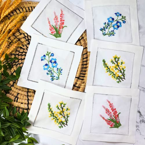 HCRAFT Embroidered White Cotton Cocktail Napkins, Set of 6, 6x6 Square Cloth Napkins with Hyacinth Bulbs Pattern