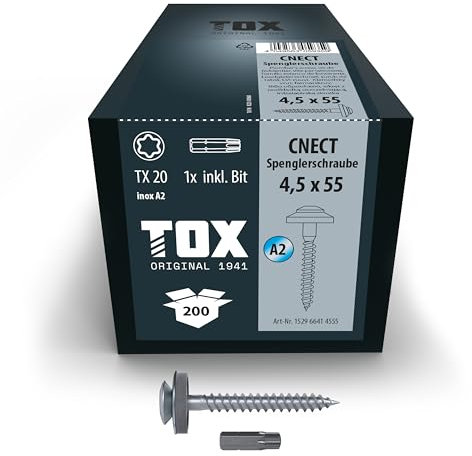 TOX Vis CNECT 4,5x55mm, vis de ferblantier résistantes aux intempéries avec rondelle d'étanchéité en acier inoxydable A2, fixation de baguettes de recouvrement, 200pcs, 1x embout inclus, 152966414555