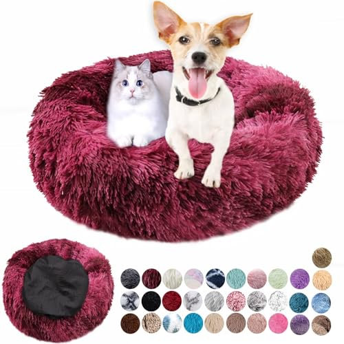Hundebett Rund Plüsch Hundekissen Weich Warm Hundebetten Anti-Angst, Hundehütte Flauschig Kissen Hundebett Waschbar für Kleine, Mittelgroße, Große Hunde Farbverlauf Rot 60cm