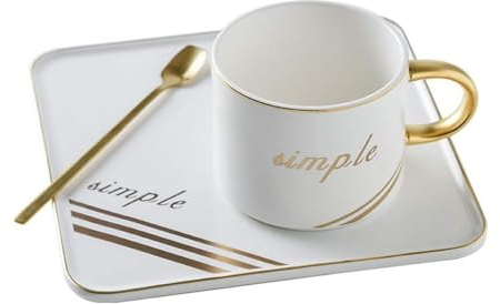 eKsdf Keramik Tasse mit Untertasse 200 ml Kaffeebecher mit Henkel und Goldrand Kaffeetasse Steingut Kaffee Tassen Schwarz Kaffetasse Geschenk für Männer Frauen Oma Papa Mama Kollegin (Weiß)