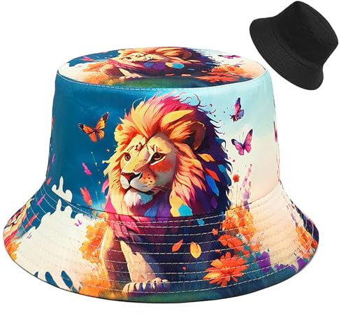 Malaxlx Damen Löwe Muster Fischerhut Bucket Hat Anglerhut Sonnenhut Reversibel Fischerhüte Sommerhut Faltbarer Strandhut Draussenhut