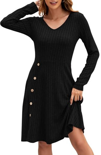 Adigaber Women's Long Sleeve Winter Dress with Pockets Side Buttons Casual V Neck Ribbed Fall Dress Black