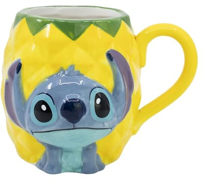 Elbenwald taza en diseño 3D para fans de Lilo & Stitch - diseño piña Stitch - 9,5 x 10,5 x 13 cm - 420 ml - cerámica - amarillo