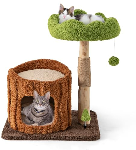 COSTWAY Kratzbaum Katzen, Katzenbaum mit Katzenhöhle in Baumlochform, Massivholz, Katzenturm mit Jutesäule & Liegeflächen & Ball, Katzenmöbel Katzenkratzbaum, Braun+Grün (60x46x73cm)