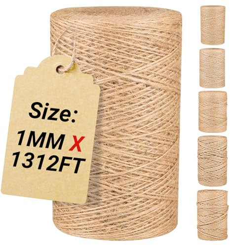 Natural Jute Twine String,Bulk Jute Rope Cord Twine for Crafting Gardening,Roll of Thick and Thin Twine for Gift Wrapping,Brown Decorative Rope,Ornament Twine for Cat Scratch Post (1mm x 1312ft)