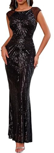 Angel Fashions Damen-Abendkleid, durchscheinend, goldfarben, Pailletten, Schwarz, new black, 42