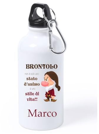 Generico Borraccia in Alluminio Brontolo Personalizzabile con nome o testo a scelta 500 ml sette nani regalo natale festa bambini acqua gita scuola gadget