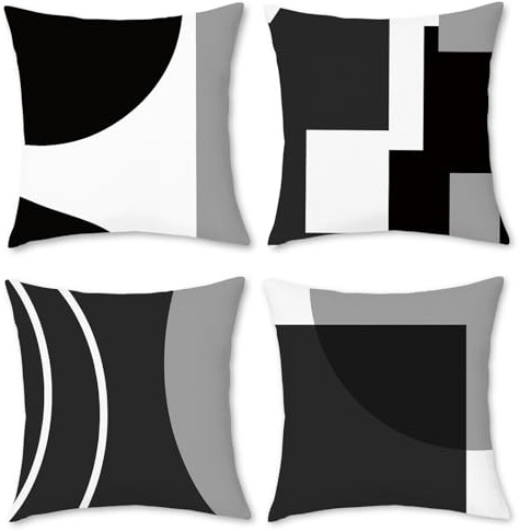 BREASOME Kissenbezug 45x45 cm 4er Set Kissenbezüge Geometrisches Patchwork Design Schwarz Weiß Grau Kissenhülle Dekorative Sofakissen Dekokissen Zierkissenbezug für Sofa Couch Wohnzimmer Schlafzimmer