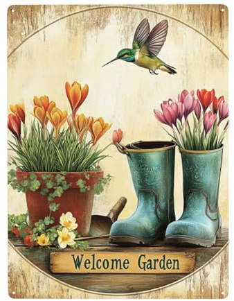 Blechschilder Retro, Metallschild Metall Garten Poster 30x40cm, Blechschild Text “Welcome Garden”, Gartengeschenkidee