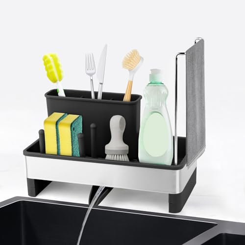 Spülbecken Organizer, Küchen Spüle Sink Organizer aus Edelstahl, Selbstentleerende Spülorganizer, Abnehmbare Schwammhalter und Spüllappenhalter Küchenzubehör für Schwamm, Bürste, Spülseife (Schwarz)