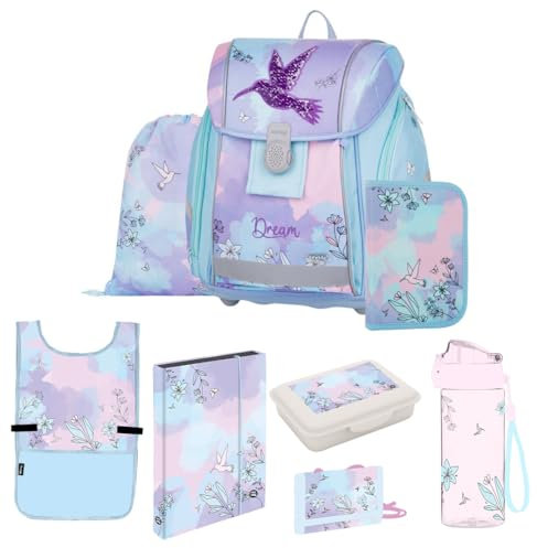 OXY BAG Schulranzen Set 8 TLG Dream Ergonomische Schule Set Sportbeutel Federmappe Kunstponcho Trinkflasche Snackbox Schulset mädchen für 1. - 3. Klasse Back to School