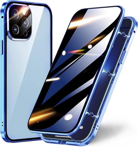 Yoursea Magnetic Privacy Case for iPhone 14 Pro max,360 Degree Front and Back Privacy Tempered Glass Cover, Anti SPY Screen, Anti Peep Magnetic Adsorption Metal Bumper with Lens Protector Blue