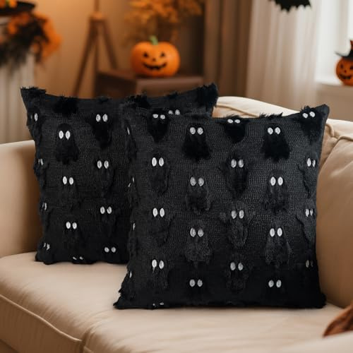 Miaikoe Halloween Ghost Kissen Abdeckungen 40x40 Set von 2, weicher Plüsch Faux Bauernhaus Kissenhüllen für Herbst Herbst Thanksgiving Halloween Urlaub Dekorationen Schwarz
