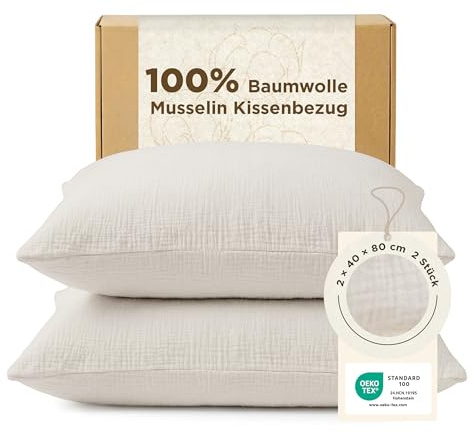 BEDSURE Musselin Kissenbezug 40x80 2er - 100% Baumwolle, Beige, Oeko-TEX | Kopfkissenbezug 40 x 80, Muslin Kissenbezüge mit Reißverschluss, Weich, Sicher, Atmungsaktiv, Hautfreundlicher Komfort