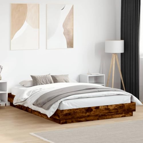 YuuSsea Bettgestell Räuchereiche 140x200 cm, modernes Ehebett mit RGB-LED-Beleuchtung, stabile Holzlatten, Robustes Schlafzimmermöbel, ideal für erholsamen Schlaf
