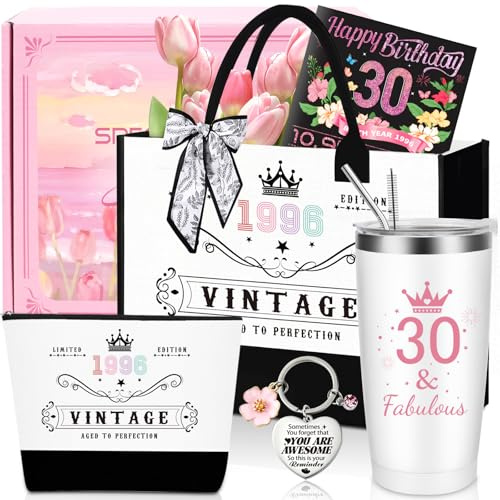 30th Birthday Gifts for Women,Unique 30 Years Old Birthday Include 20 Oz Stainless Steel Tumbler with Straw Gifts for Wife Aunt Sister Friends Her,Fashion 1996 Handbag Cosmetic Bag Born in 1996 Card