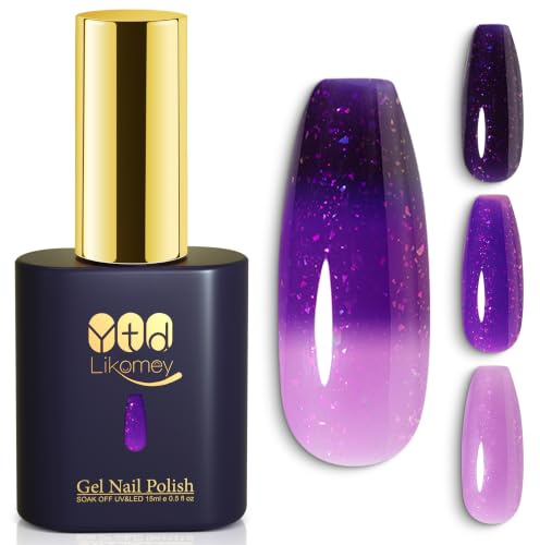 YTD Likomey Iridescent Flakes Color Changing Gel Nail Polish,Triple Thermal 15ml Light Purple to Dark Purple Temperature Mood Sparkly Glitter Ombre Gradient UV Nail Gel,WB607