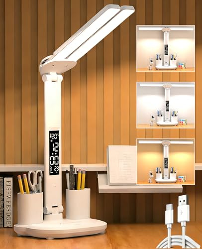 ANDYLV Schreibtischlampe, LED-Touch-Schreibtischlampe mit zwei Leuchtenköpfen, Bürolampe, Berührungsgesteuerte Einstellung von Farbtemperatur und Helligkeit, Augenschonende Lampe, Vielseitig klappbar