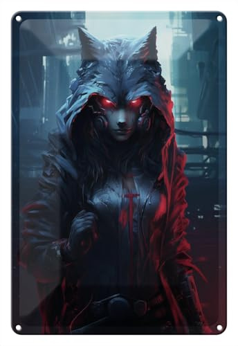 Wallario Blechschild Wandbild aus Metall Frau im Wolfspelz - 20 x 30 cm in Premium-Qualität: Brillante Farben