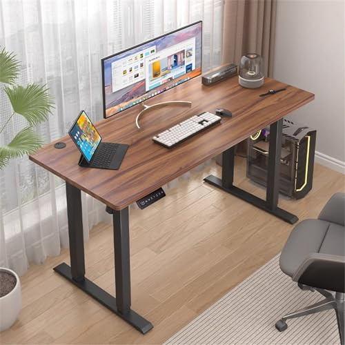 SDdPulse Escritorio eléctrico de pie, escritorio de pie ajustable en altura, escritorio de oficina en casa, con soporte de metal y memoria preestablecida, para trabajo en casa, nogal, nogal