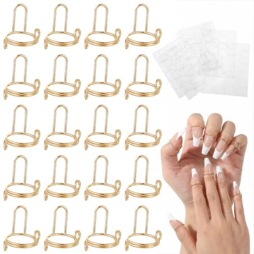Grevosea 20 Pcs Nail Rings, Gold Adjustable Detachable Nail Ring | No Glue Fingernail Rings with Adhesive Nail Tabs for Women Acrylic Nail Art Decoration Charms Accessories