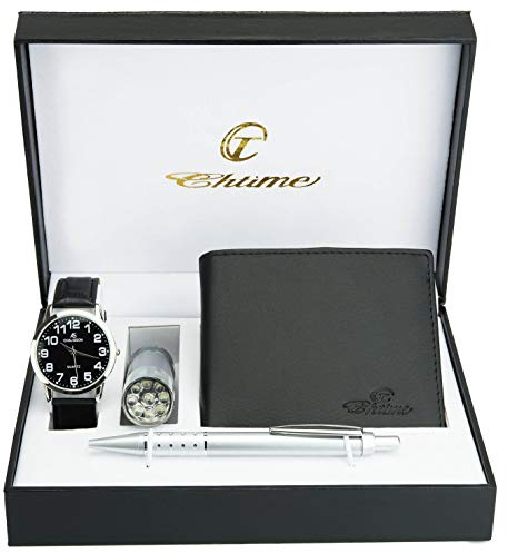 Caja de Regalo Reloj Hombre Negro - Lámpara LED - Billetera - Bolígrafo