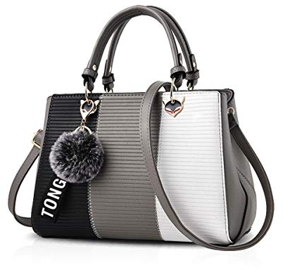 NICOLE & DORIS 2025 Neue Frauen Tasche Damen Leder Handtasche Mode Umhängetasche Mit Pompon abnehmbarem Schultergurt Handtasche Grau