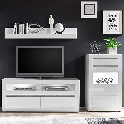 Lomadox TV-Wohnlösung in weiß Hochglanz mit HiFi-Rack - Wandregal und Kommode inkl. LED