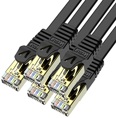 VEEtOP Cable Ethernet Cat 7 LAN de Red con Conectores Rj45 Oro Plano, Velocidad 10 Go/s (3m x 5 Piezas, Negro)