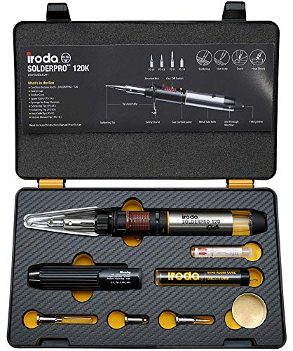 IRODA SOLDERPRO 120K Cordless Butane Soldering Iron Kit Gift, 4-in-1 Wire Soldering kit, Sturdy Carry Case With Heat Shield & Self Igniting Adjustable Flame (Taiwan)