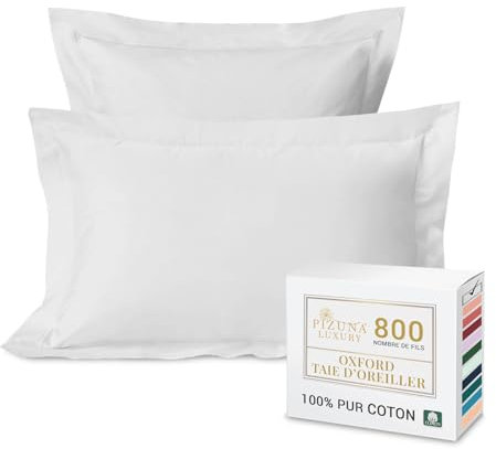 Pizuna Luxueux Set de 2 Taies d'oreiller 50x75 cm Blanc, 100% Coton Longue Tige 800 Fils Armure Satin Taies d'oreiller Douces 50x75 en Coton (Blanc Taies d'oreiller 2 Pièces)