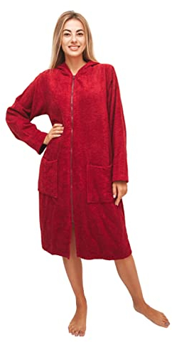ALLEN & MATE Unisex-Bademantel mit Kapuze, Frottee aus 100% Baumwolle, Komfort-Badetuch mit Reißverschluss – ideal für Männer und Frauen (L, Weinrot)