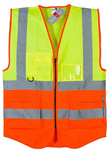 BeruStar Warnschutz Weste 2-farbig, gelb/orange, mit Reisverschluß & vielen Taschen in Premium Qualität. Warnschutzweste hat die Klasse 2 - TOP Warnweste