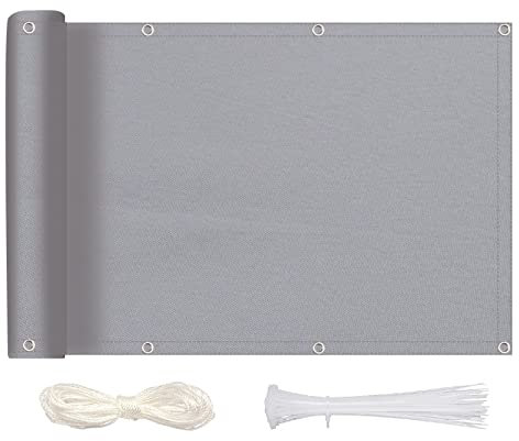 MEEYI Sichtschutz Balkon Sichtschutz 70x600cm, Balkonbespannung Blickdichte Wind- und UV-Schutz Wetterfest 100% Privatsphäre Balkonverkleidung mit Ösen, Nylon Kabelbinder und Kordel, Hellgrau