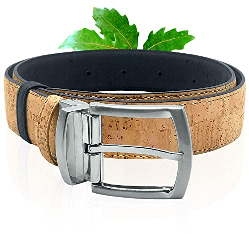 Kork-Gürtel | Wendegürtel aus Kork | Zweifarbig in BEIGE und BLAU | Moderner Naturgürtel mit silberner Schnalle | Gürtel zum Wenden aus Kork | Unisex | Verschiedene Größen (115 cm)