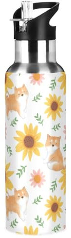 ZZKKO Water Bottle with Straw Shiba Inu Dog Sunflowe Stainless Steel Iron Flask Capsule Water Bottle Daily Water Intake Bottle Thermos Kids Cups No Spill Women Adult 20OZ/600ML
