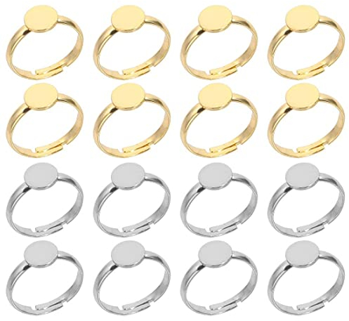 PLABBDPL 16pcs 12mm Ringrohling Basen Edelstahl Cabochon Ring Lünette Rohlinge Fingerringe Verstellbar Cabochon Fingerring Komponenten Flache Runde Pad Ring Basis für DIY Schmuck Machen, Gold, Silber